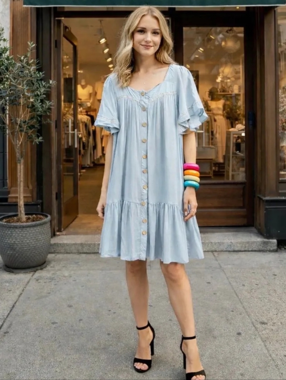 Hayden Los Angeles Light Blue Button-Front Ruffle Sleeve Mini Dress Lace Small S